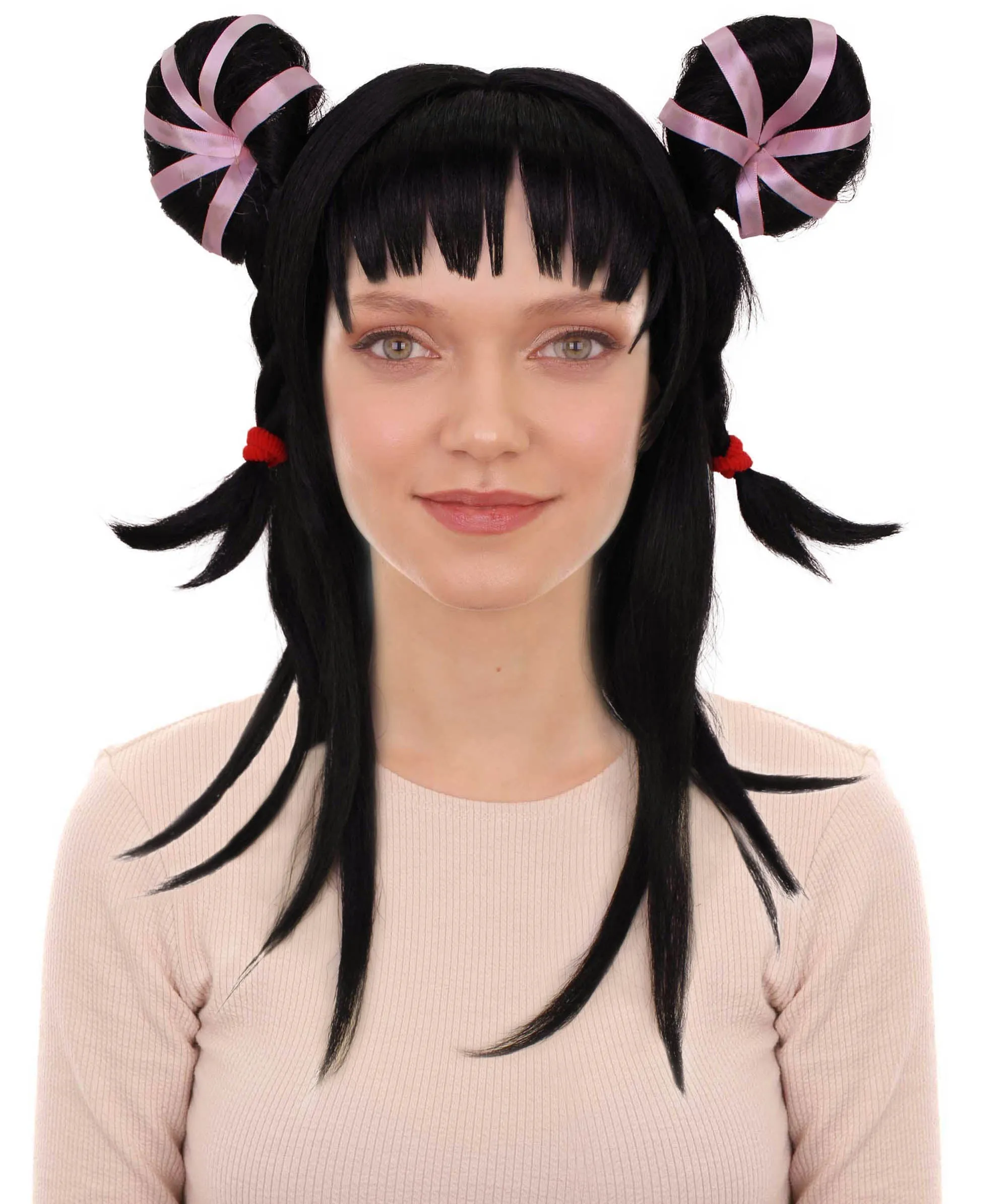 HPO Adult Women's Black Long Straight Double Bun Wig I Flame-retardant Synthetic Fiber