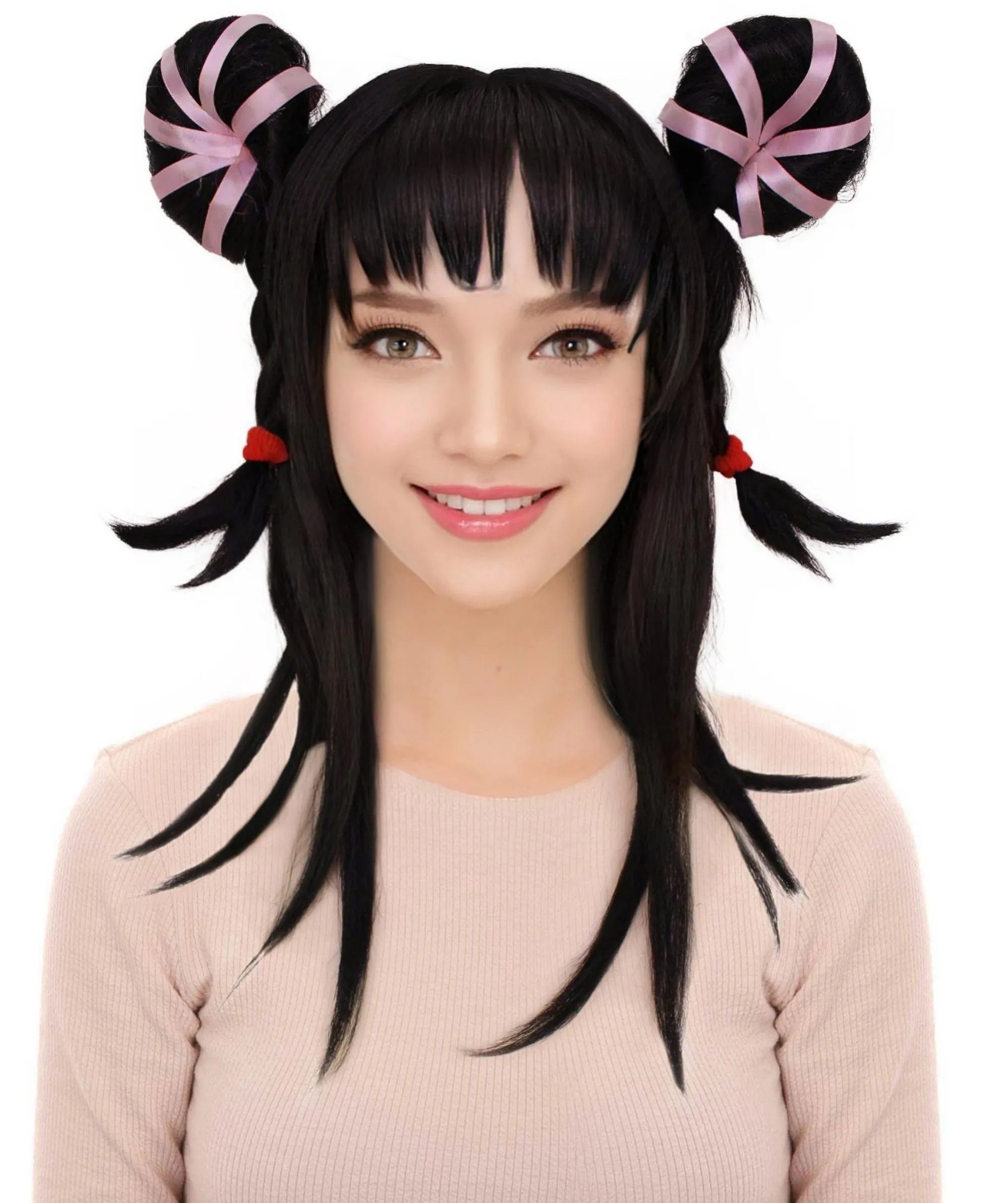 HPO Adult Women's Black Long Straight Double Bun Wig I Flame-retardant Synthetic Fiber