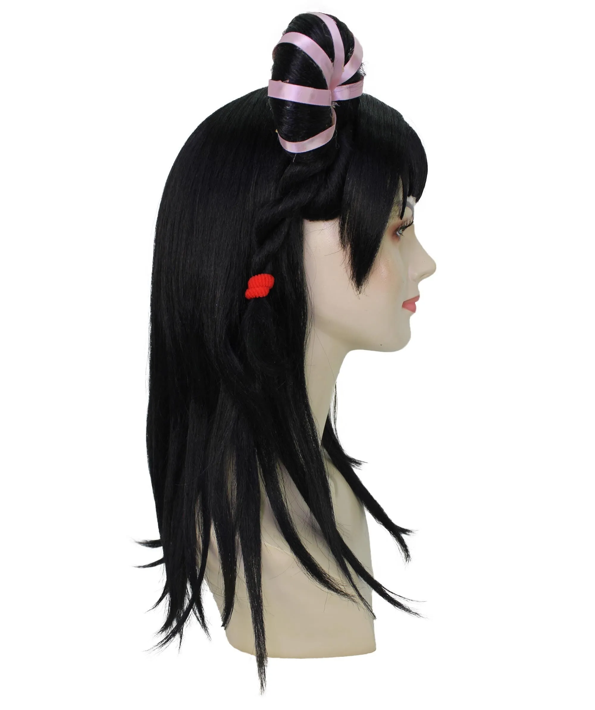 HPO Adult Women's Black Long Straight Double Bun Wig I Flame-retardant Synthetic Fiber