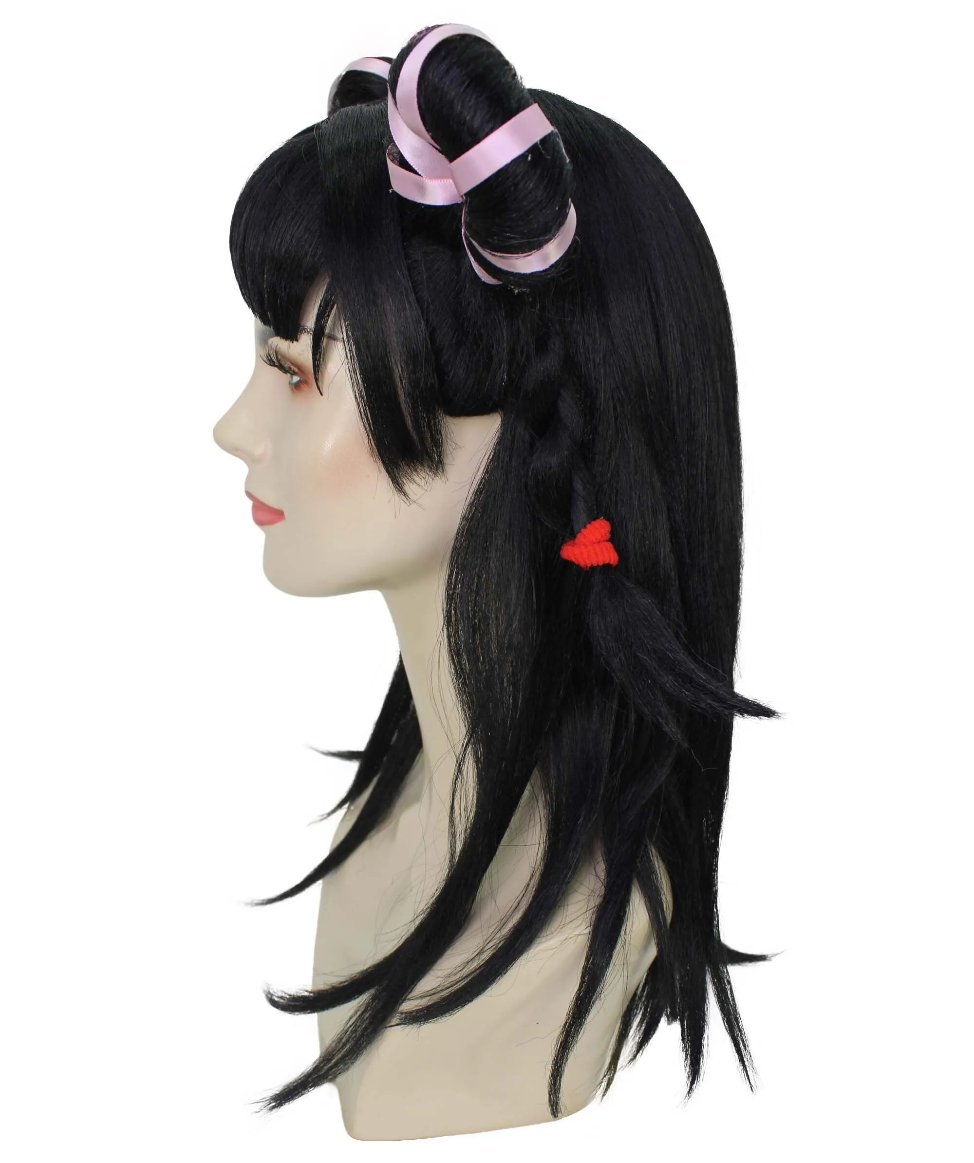 HPO Adult Women's Black Long Straight Double Bun Wig I Flame-retardant Synthetic Fiber