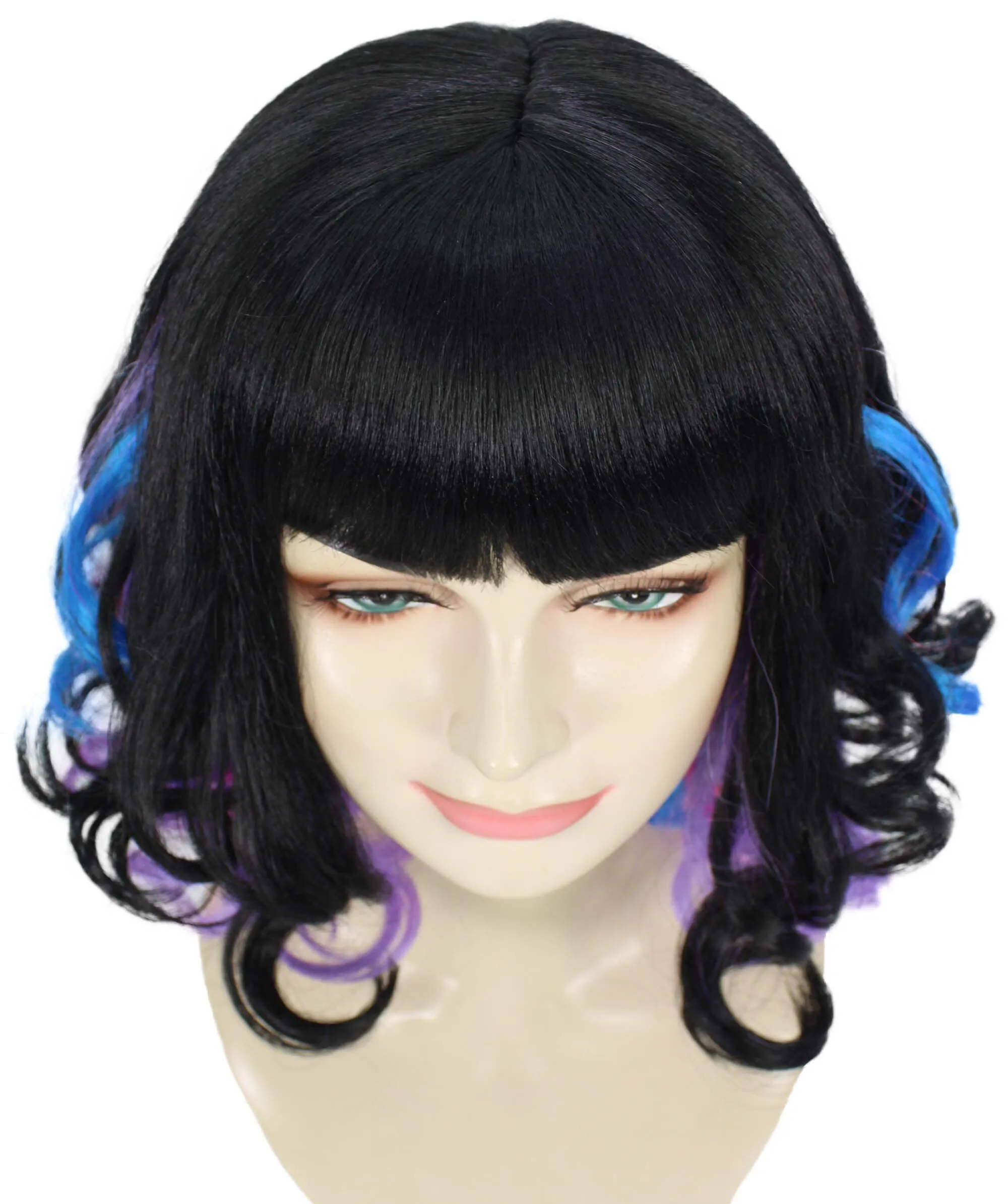 HPO Adult Women's Medium Curly Black and Multicolor Cosplay Wig with Bangs, Best for Halloween, Flame-retardant Synthetic Fiber