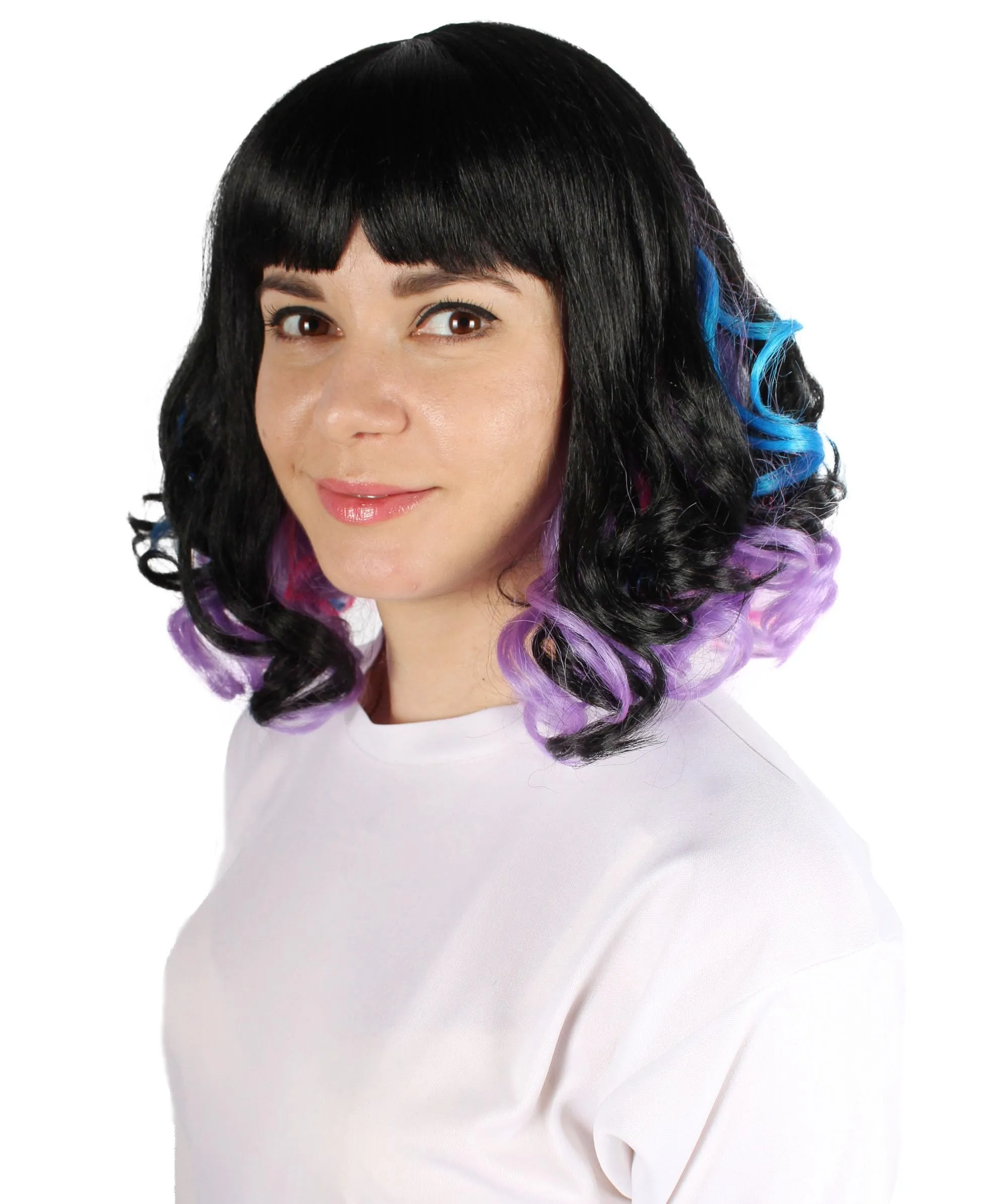 HPO Adult Women's Medium Curly Black and Multicolor Cosplay Wig with Bangs, Best for Halloween, Flame-retardant Synthetic Fiber