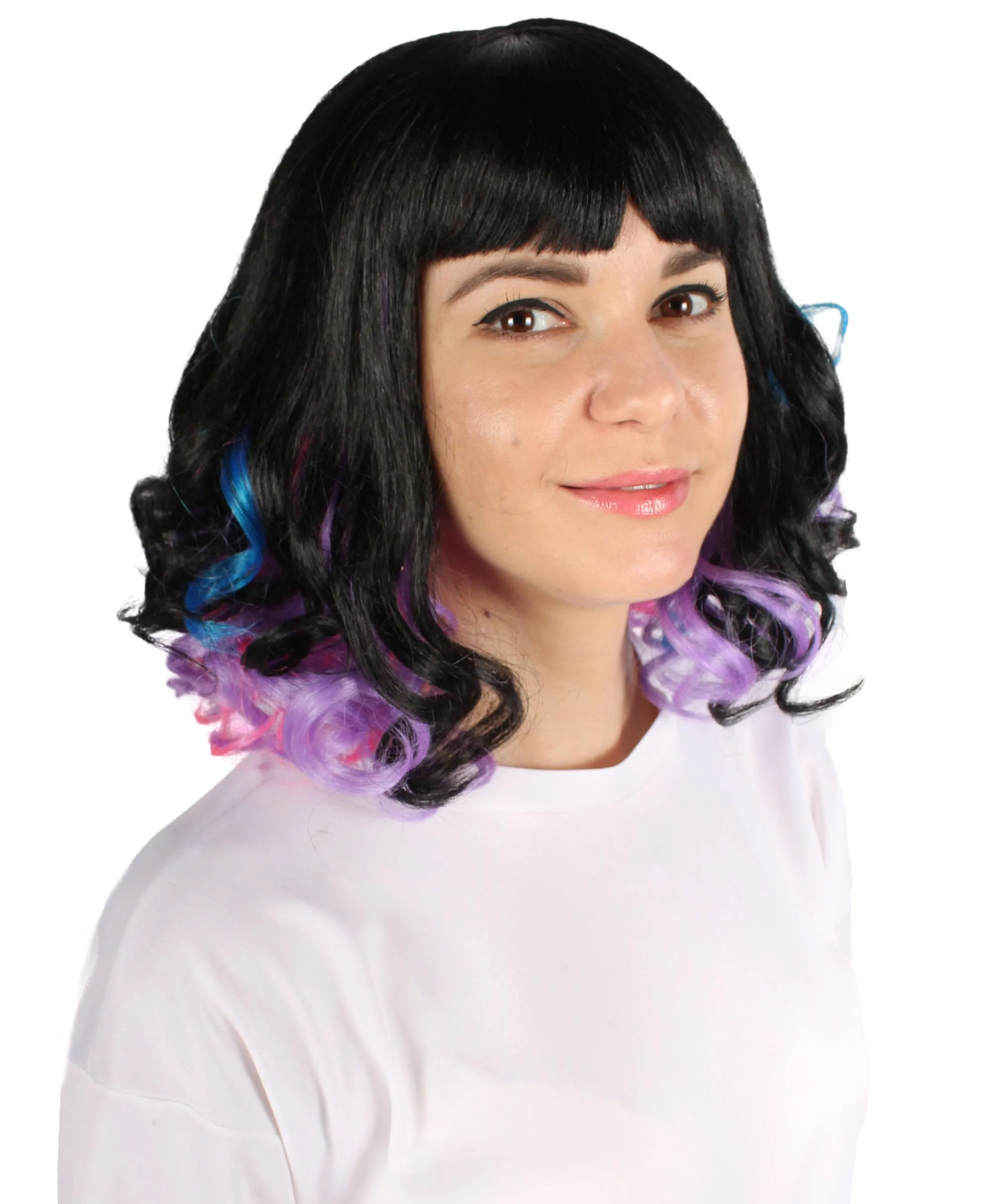 HPO Adult Women's Medium Curly Black and Multicolor Cosplay Wig with Bangs, Best for Halloween, Flame-retardant Synthetic Fiber