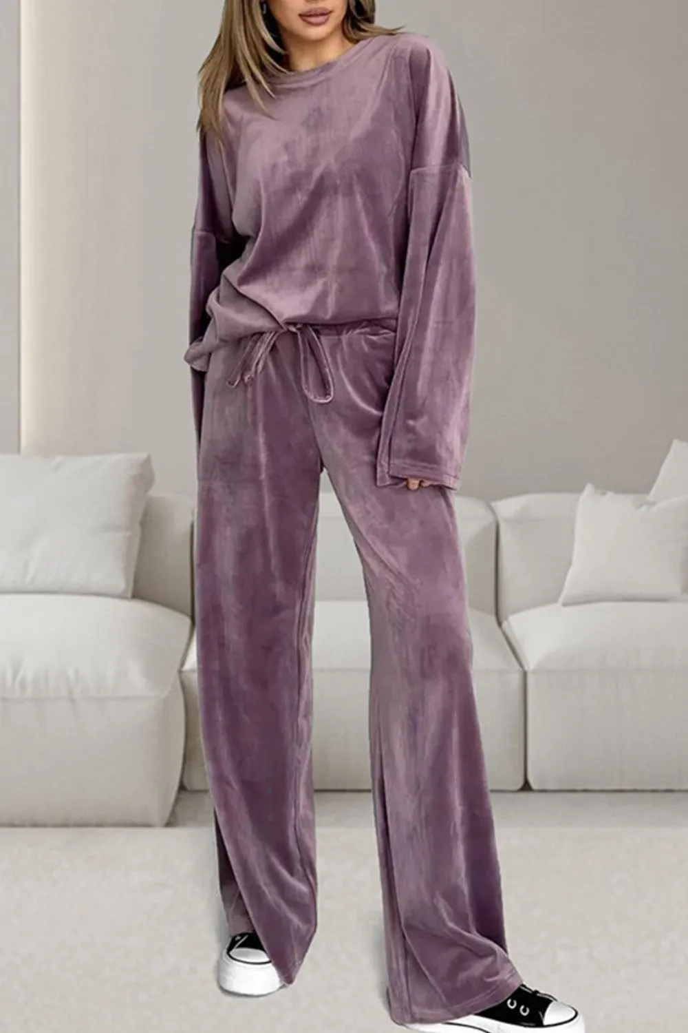 kesley Buttery-Soft Round Neck Long Sleeve Top and Drawstring Pants Set