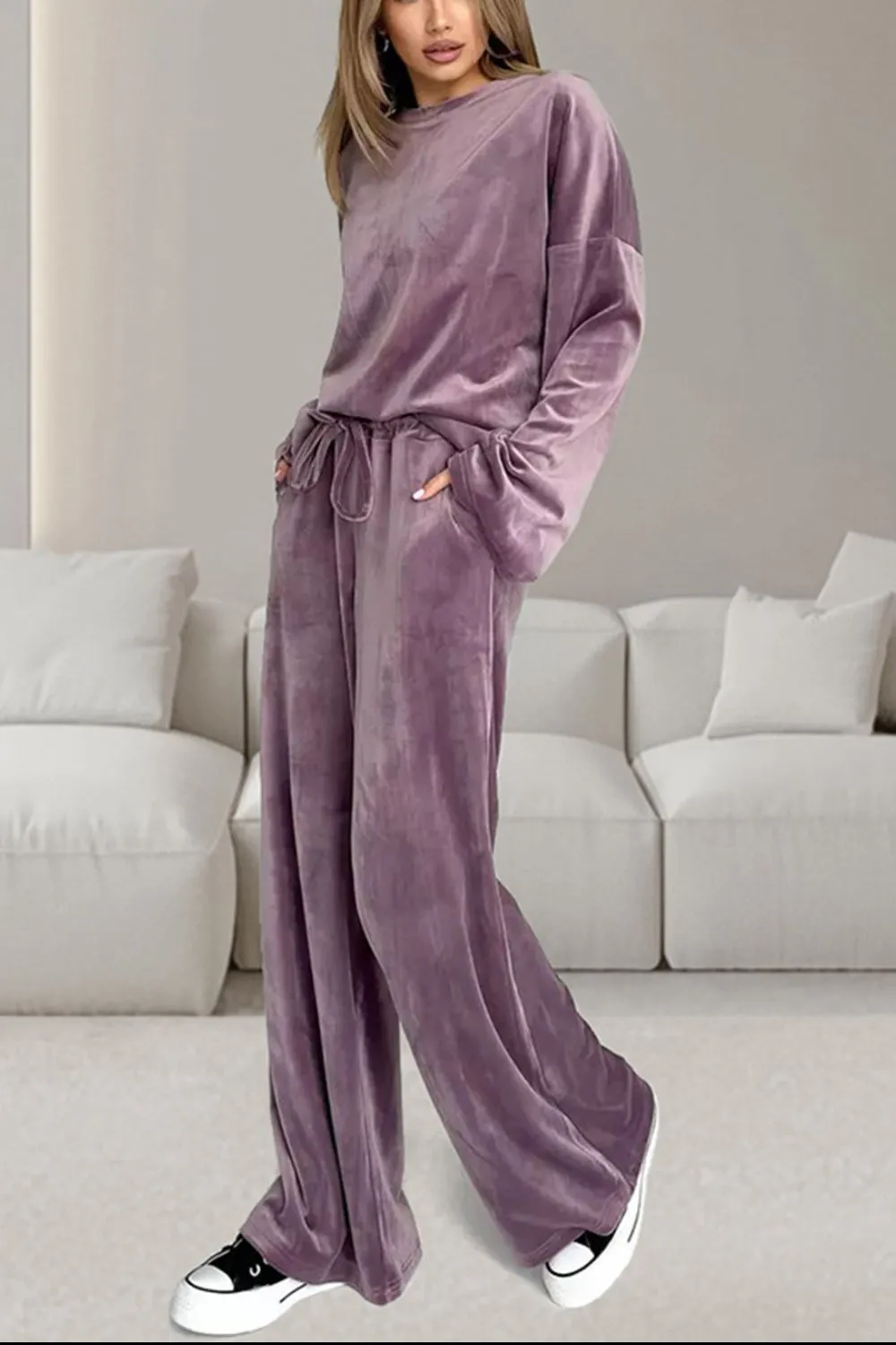 kesley Buttery-Soft Round Neck Long Sleeve Top and Drawstring Pants Set