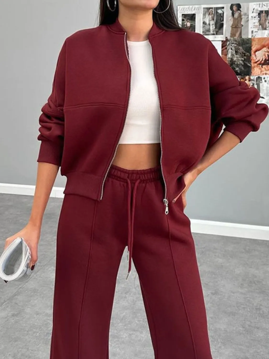 Leisure Zip Up Top and Drawstring Pants Set