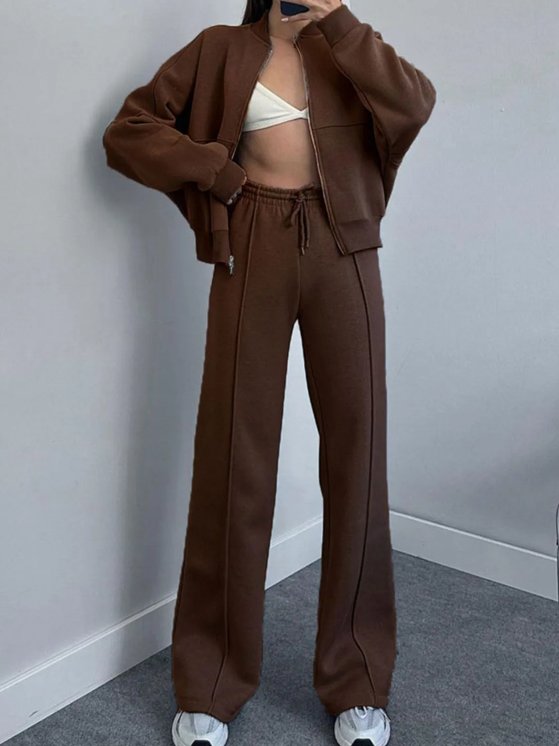 Leisure Zip Up Top and Drawstring Pants Set