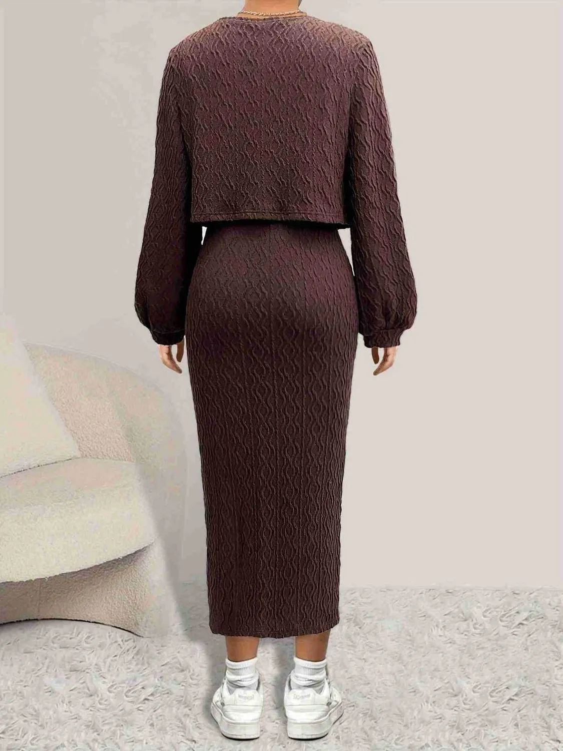 Open Front Long Sleeve Cardigan and Side Slit Cami Dress Set