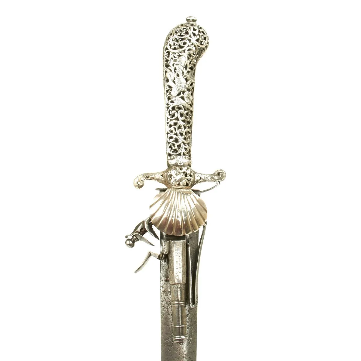 Original British 1700 Silver Hilt Hunting Sword Pistol by Vandebaize of London - Hirschfänger