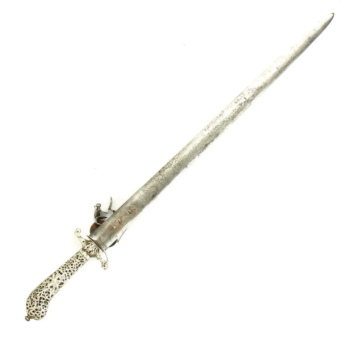 Original British 1700 Silver Hilt Hunting Sword Pistol by Vandebaize of London - Hirschfänger