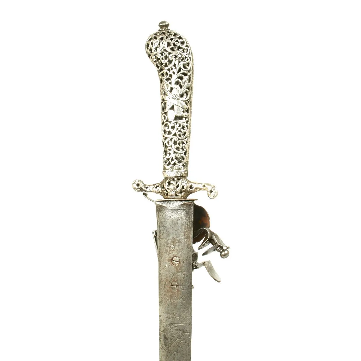 Original British 1700 Silver Hilt Hunting Sword Pistol by Vandebaize of London - Hirschfänger