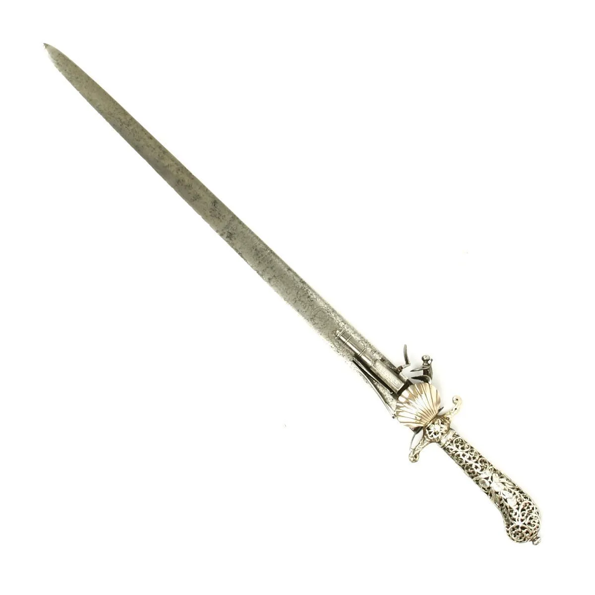 Original British 1700 Silver Hilt Hunting Sword Pistol by Vandebaize of London - Hirschfänger