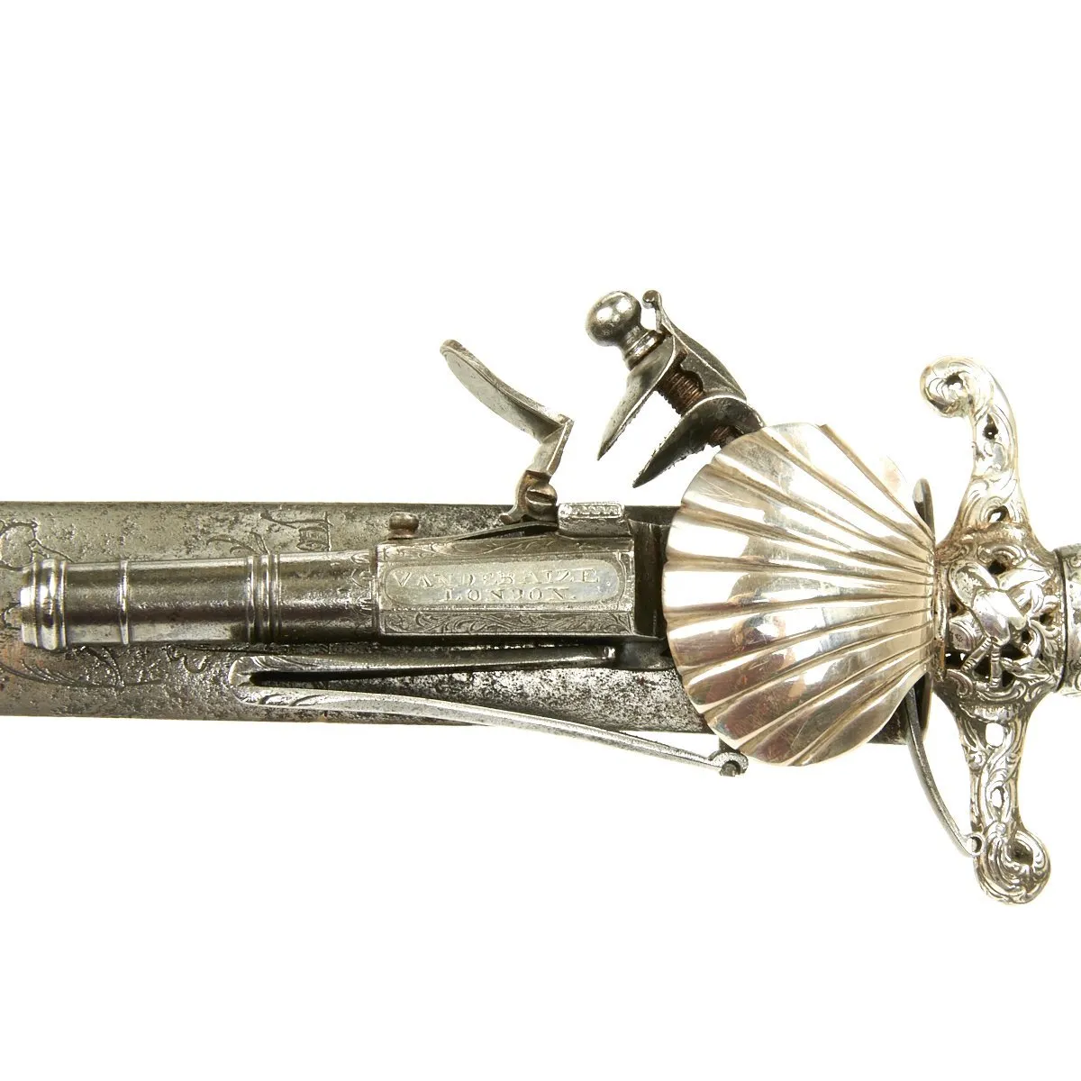 Original British 1700 Silver Hilt Hunting Sword Pistol by Vandebaize of London - Hirschfänger