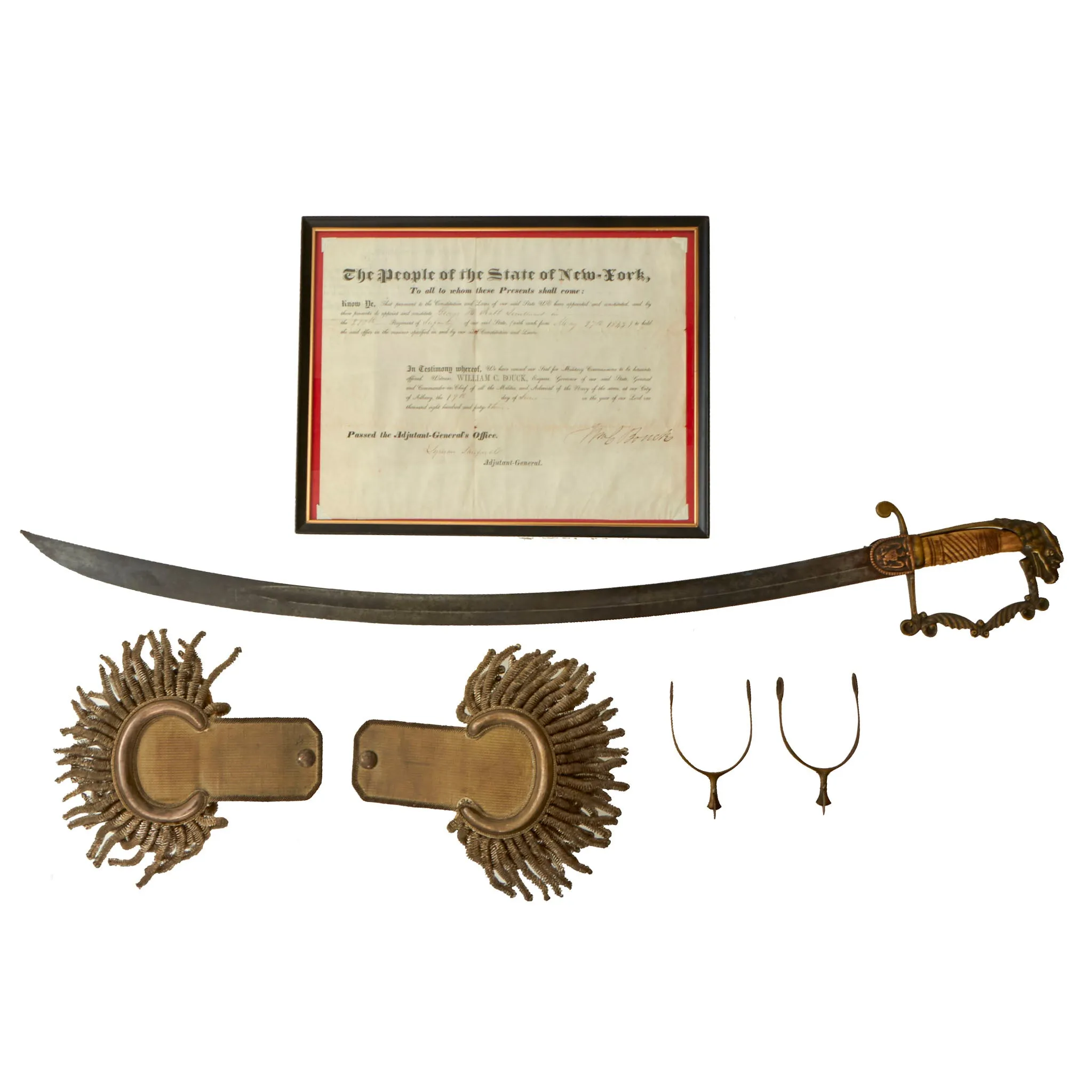 Original U.S. Mexican-American War New York Officer’s Eagle-Head Sword Grouping - 1843 Commission Certificate, Epaulets, & Spurs