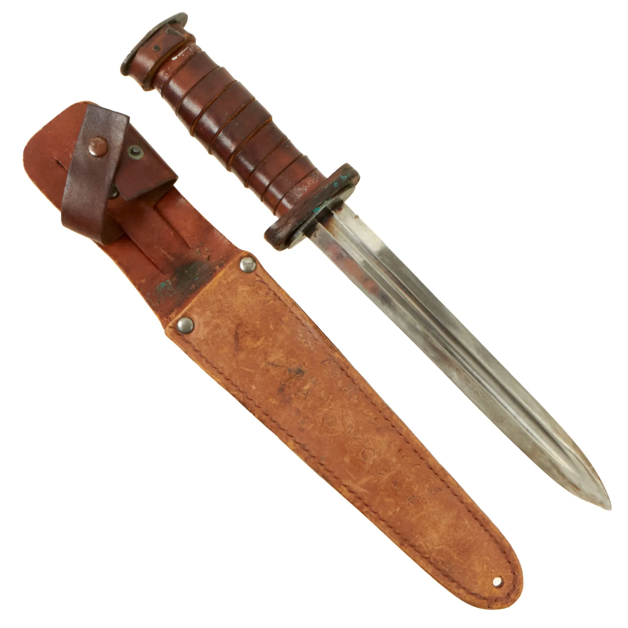 Original U.S. WWII Era “Theater Made” Cut-Down Model 1913 Cavalry “Patton” Saber Middle-Section Fighting Knife With Leather Sheath - Scabbard Marked “Patchogue, Long Island”