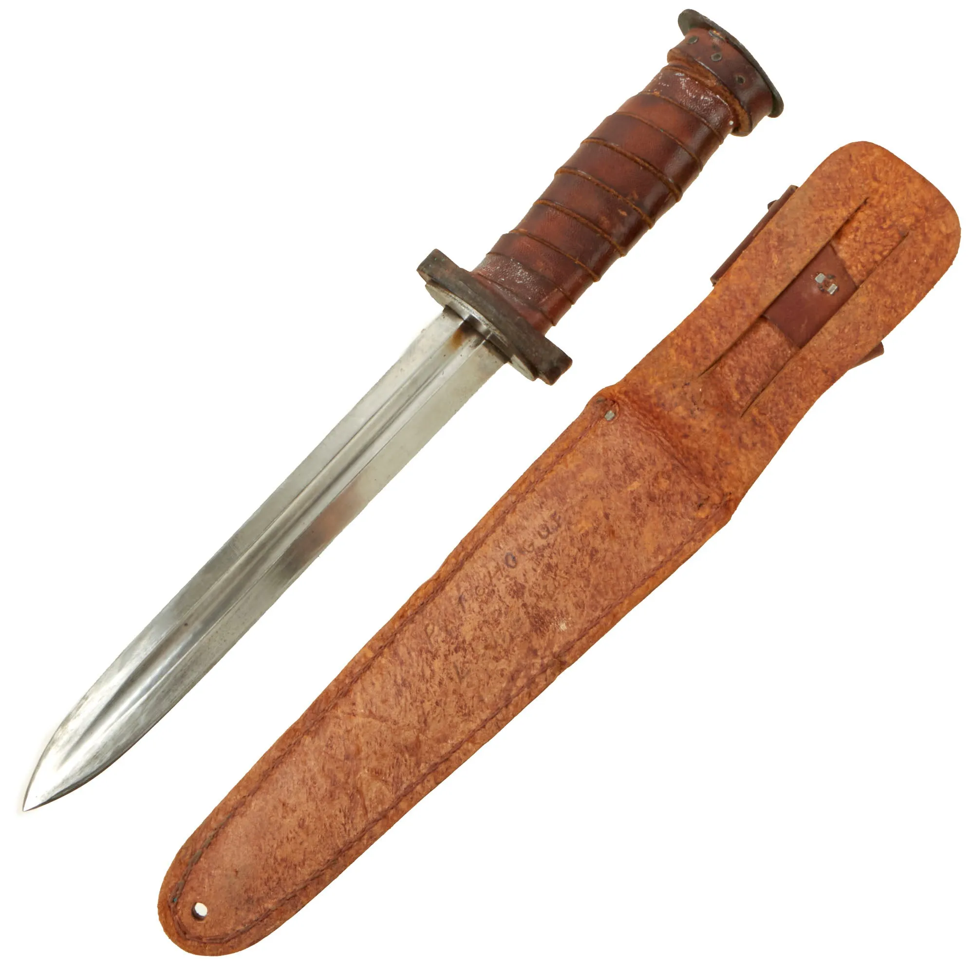 Original U.S. WWII Era “Theater Made” Cut-Down Model 1913 Cavalry “Patton” Saber Middle-Section Fighting Knife With Leather Sheath - Scabbard Marked “Patchogue, Long Island”