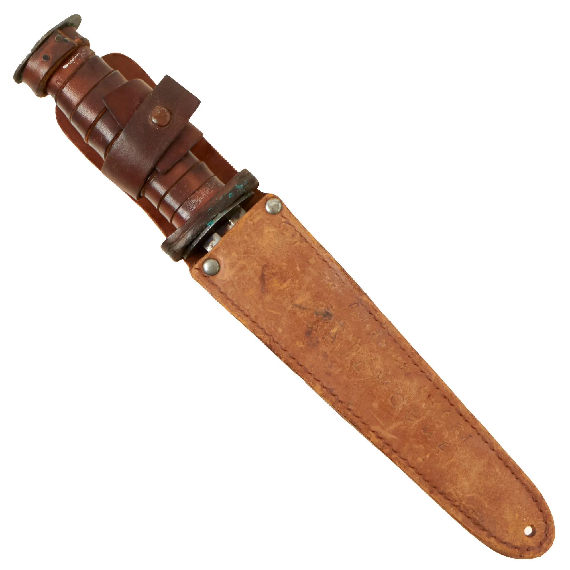 Original U.S. WWII Era “Theater Made” Cut-Down Model 1913 Cavalry “Patton” Saber Middle-Section Fighting Knife With Leather Sheath - Scabbard Marked “Patchogue, Long Island”