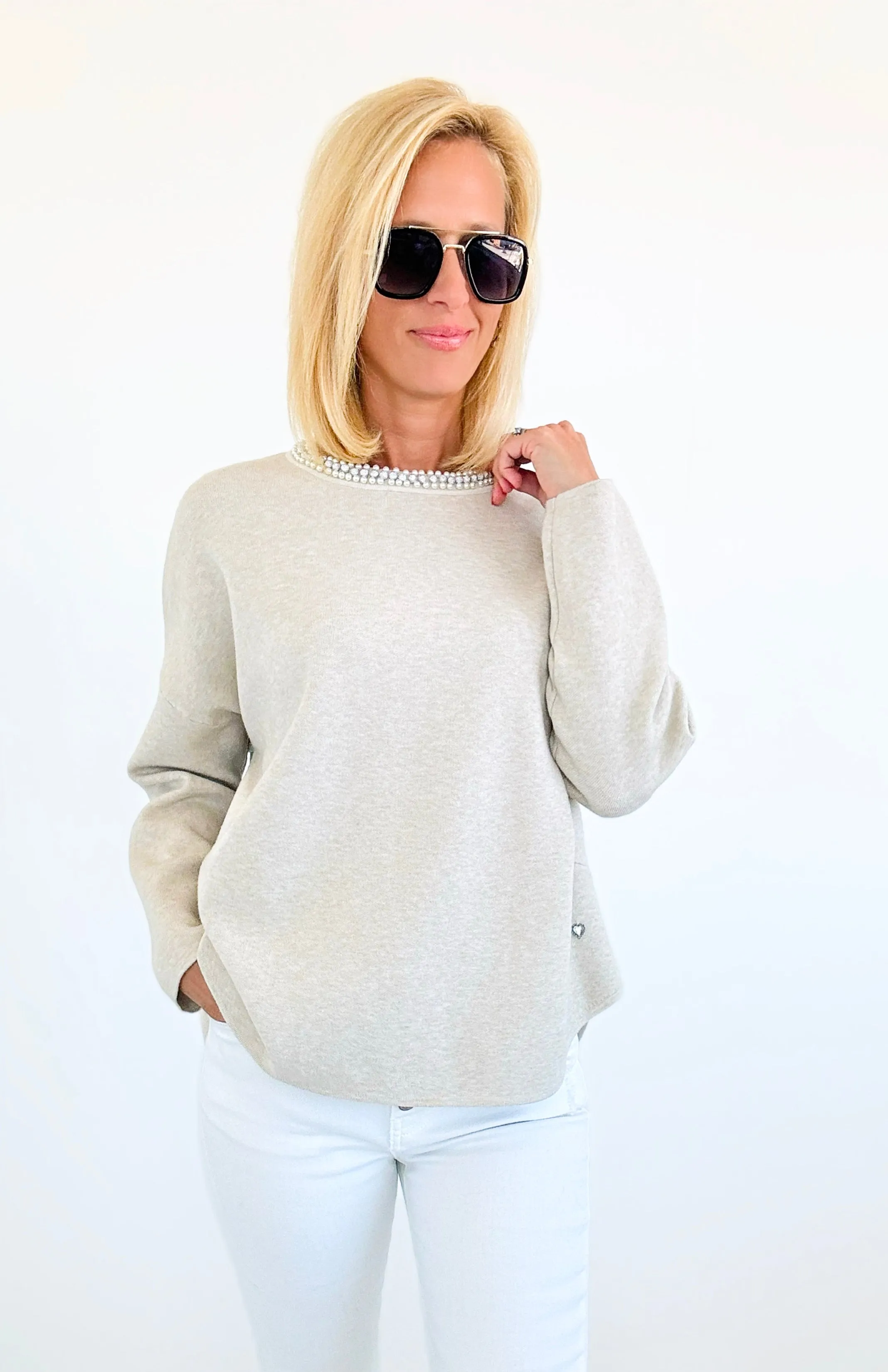 Pearl Detailed Italian Sweater- Heather Beige