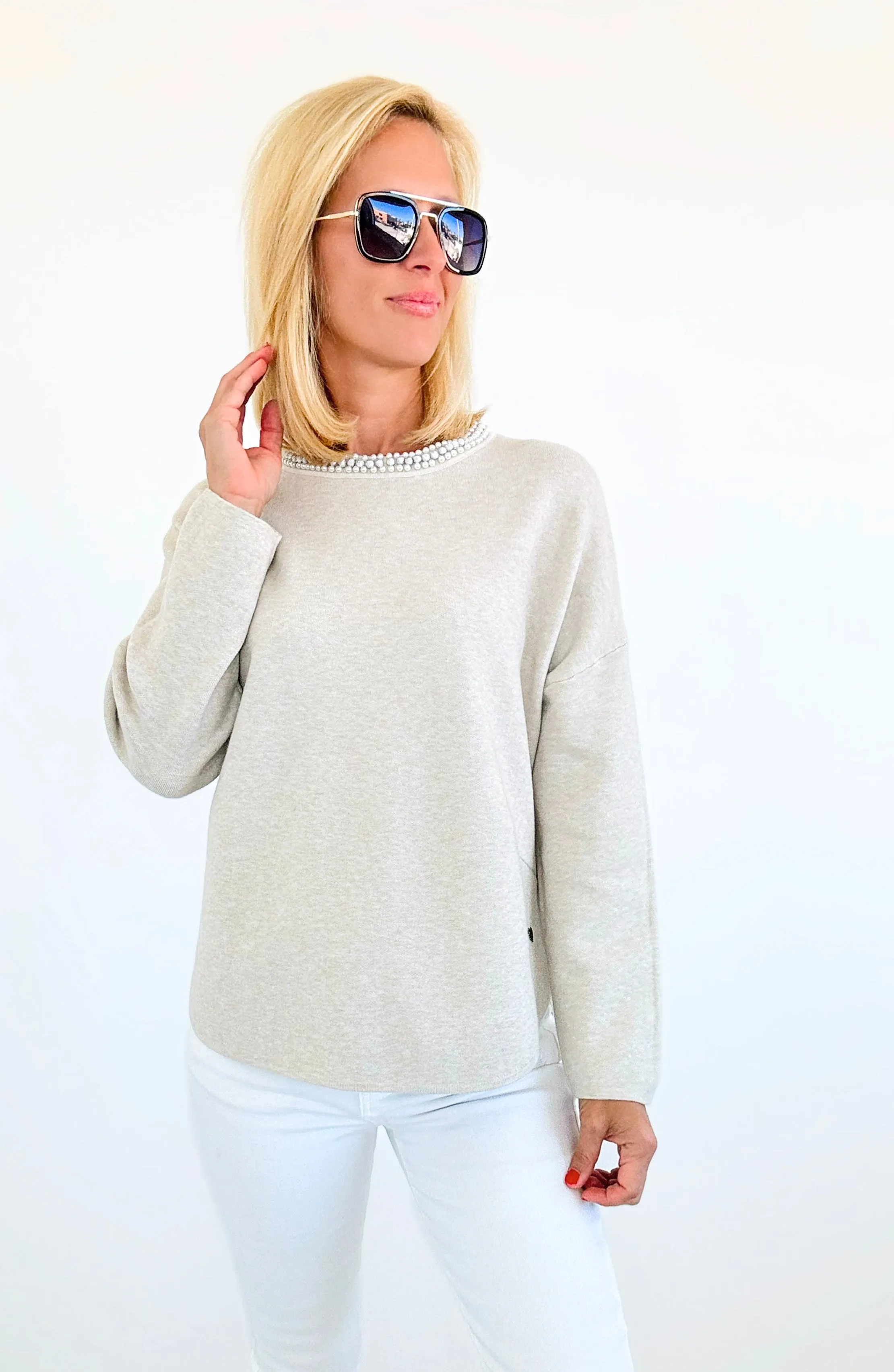 Pearl Detailed Italian Sweater- Heather Beige