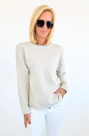 Pearl Detailed Italian Sweater- Heather Beige