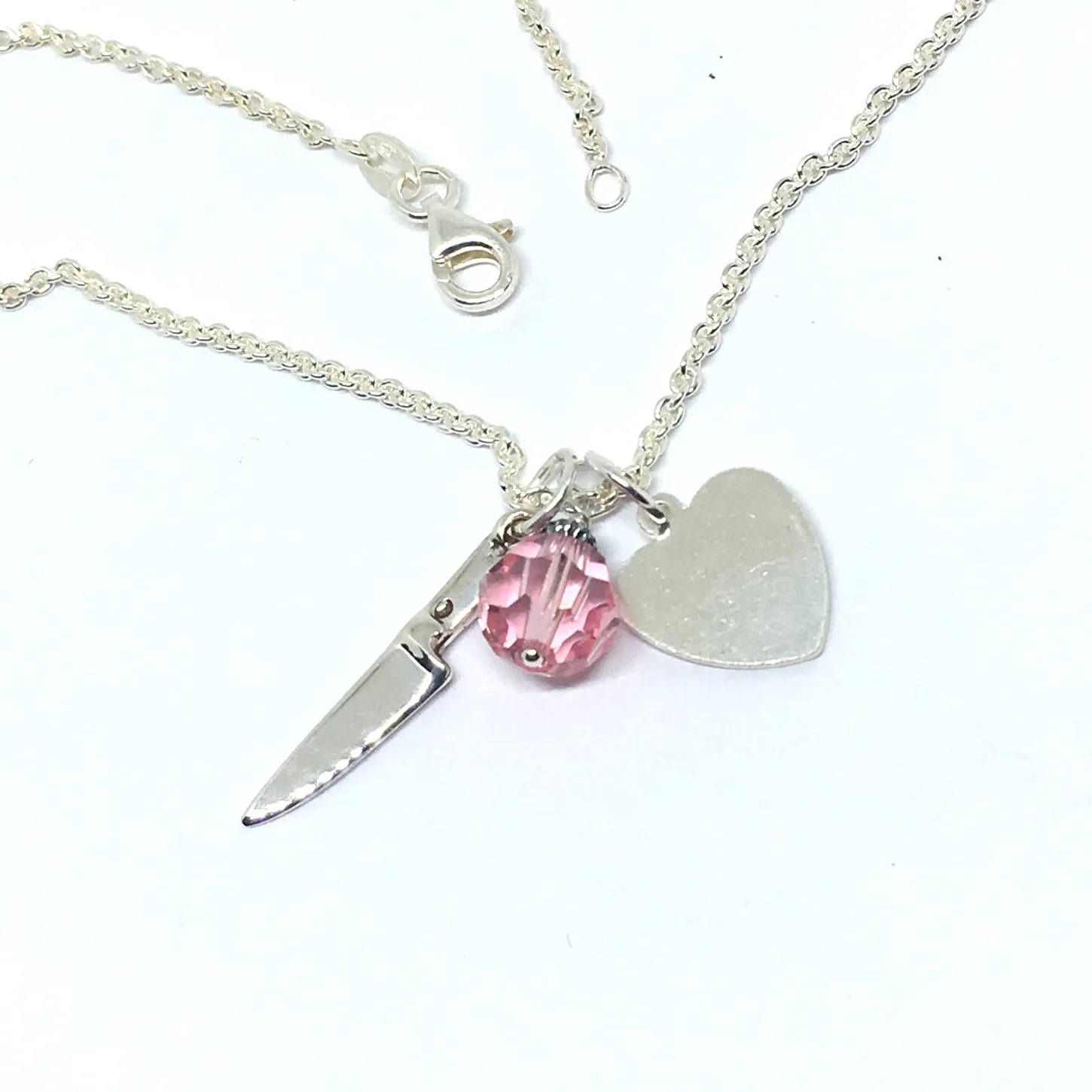 Personalized Chef Knife Cluster Necklace with Initials and Pink Swarovski Crystal