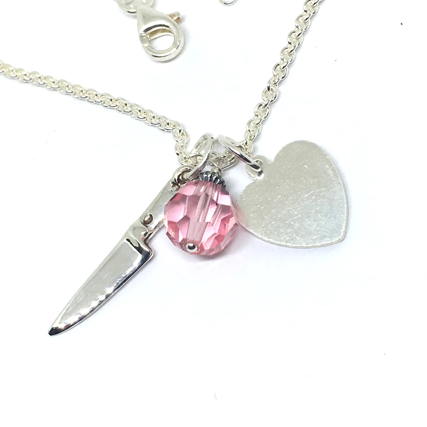 Personalized Chef Knife Cluster Necklace with Initials and Pink Swarovski Crystal