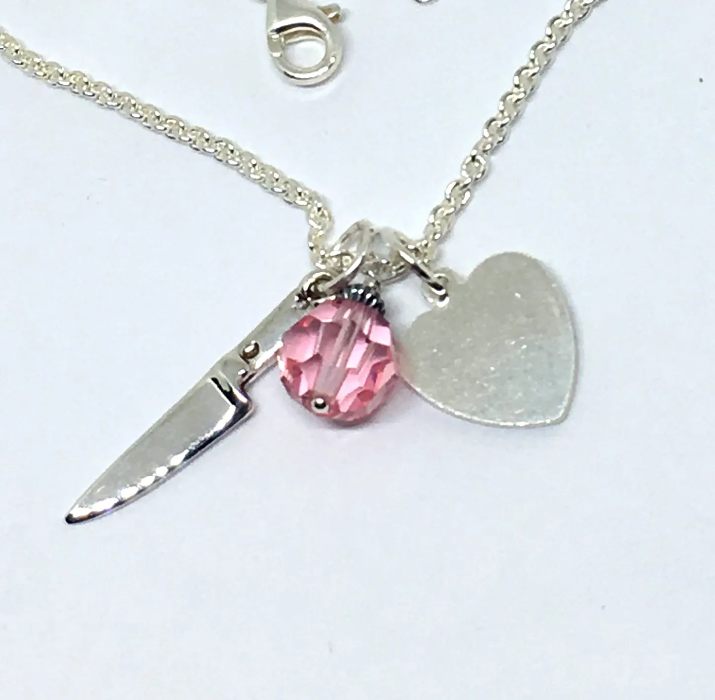 Personalized Chef Knife Cluster Necklace with Initials and Pink Swarovski Crystal