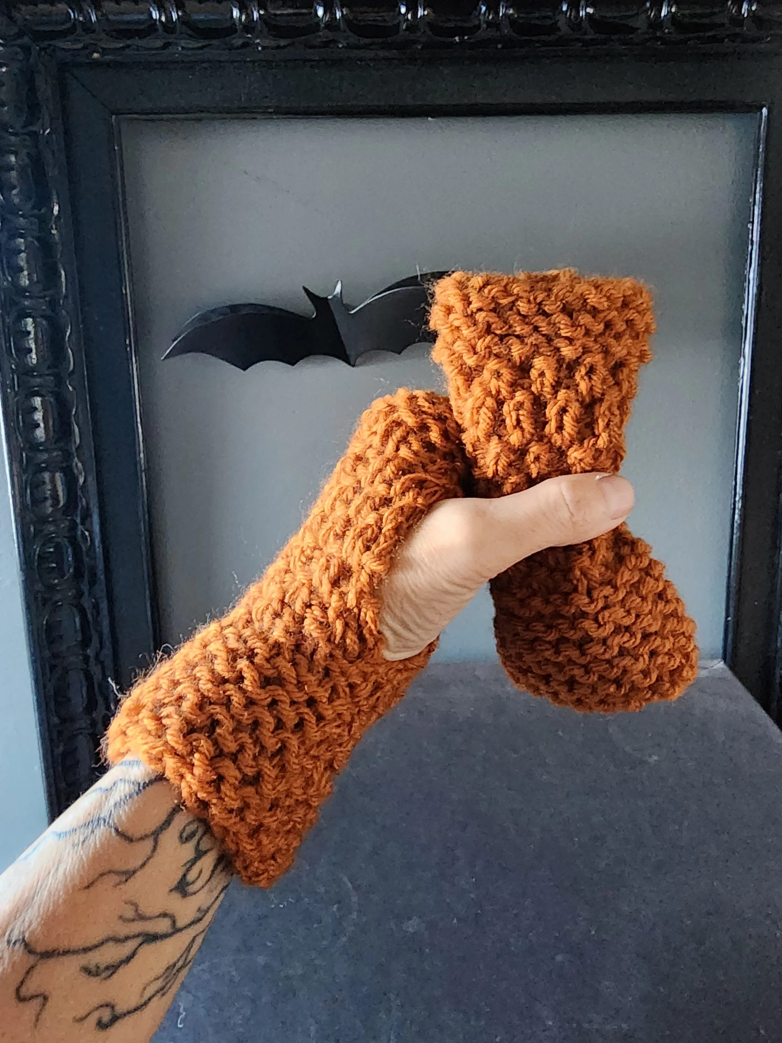 "Pumpkin Seed" Hand Knit Fingerless Gloves