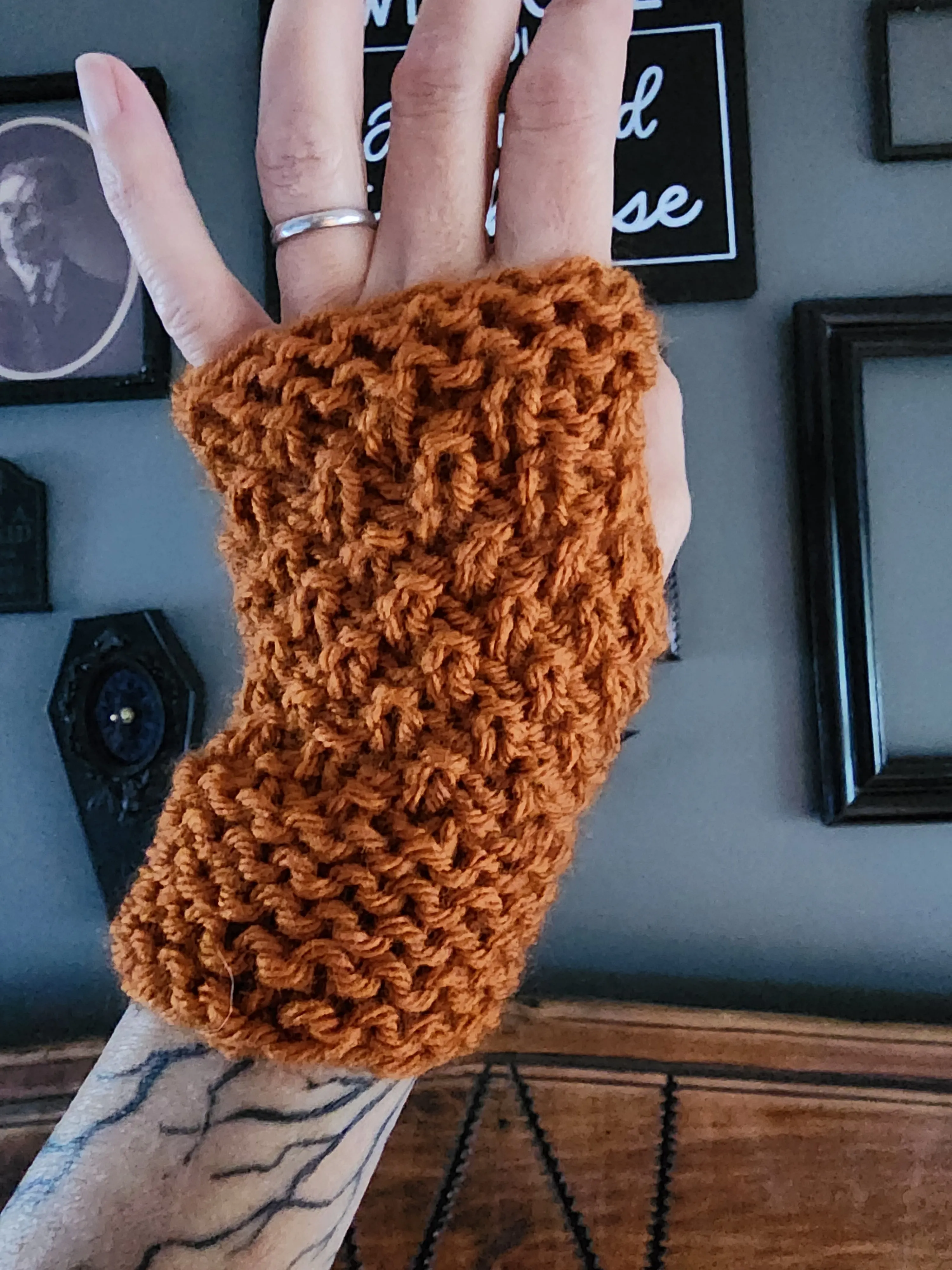 "Pumpkin Seed" Hand Knit Fingerless Gloves