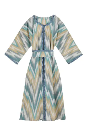 Remy Silk Ikat Coat - Long - Teal, Yellow, Grey