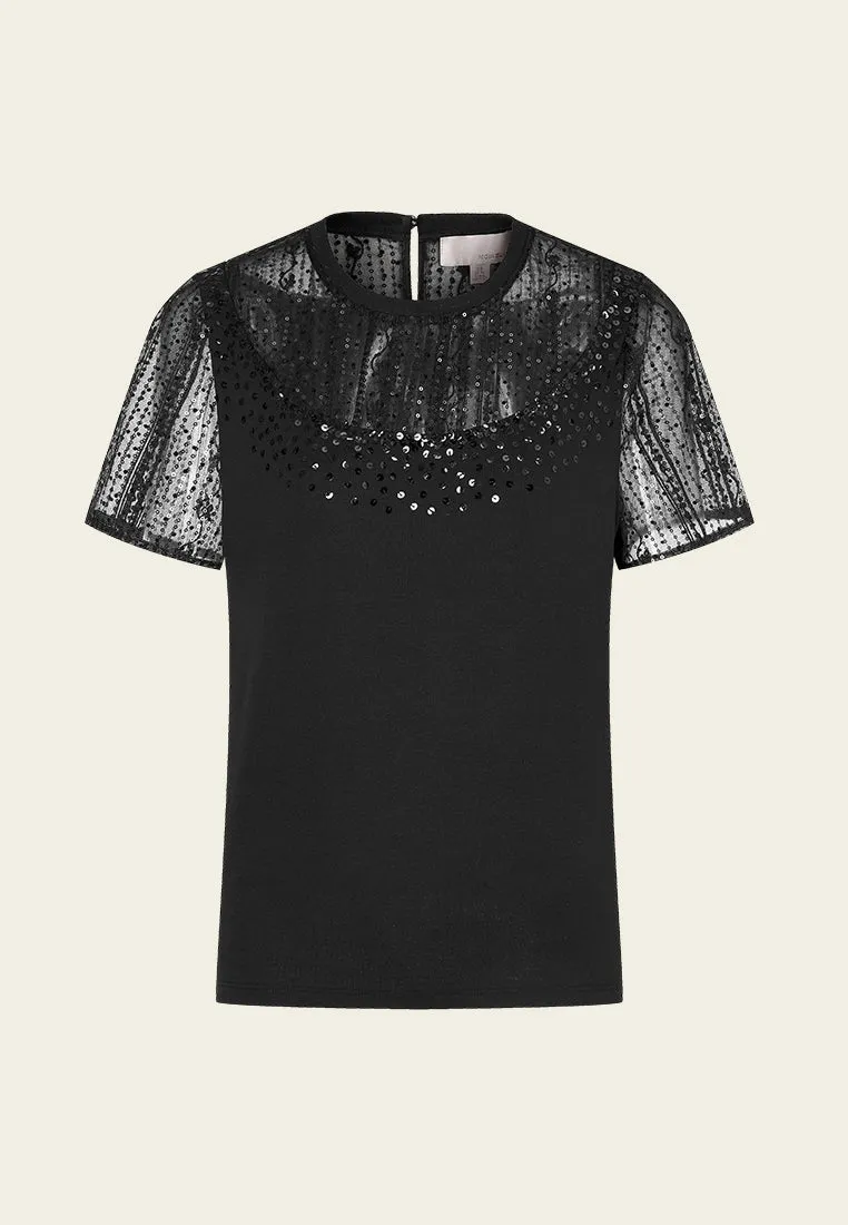 Sequined Mesh-detail Top