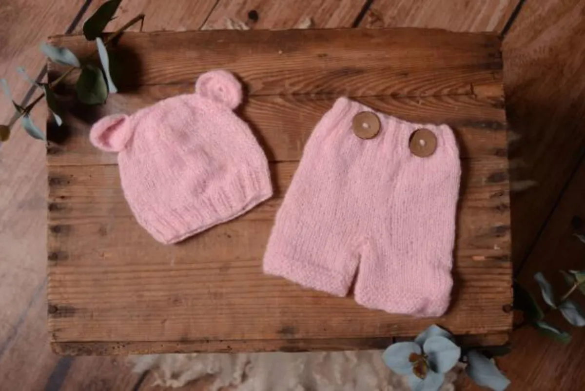 SET Mohair Bear Hat and Pants - Pink