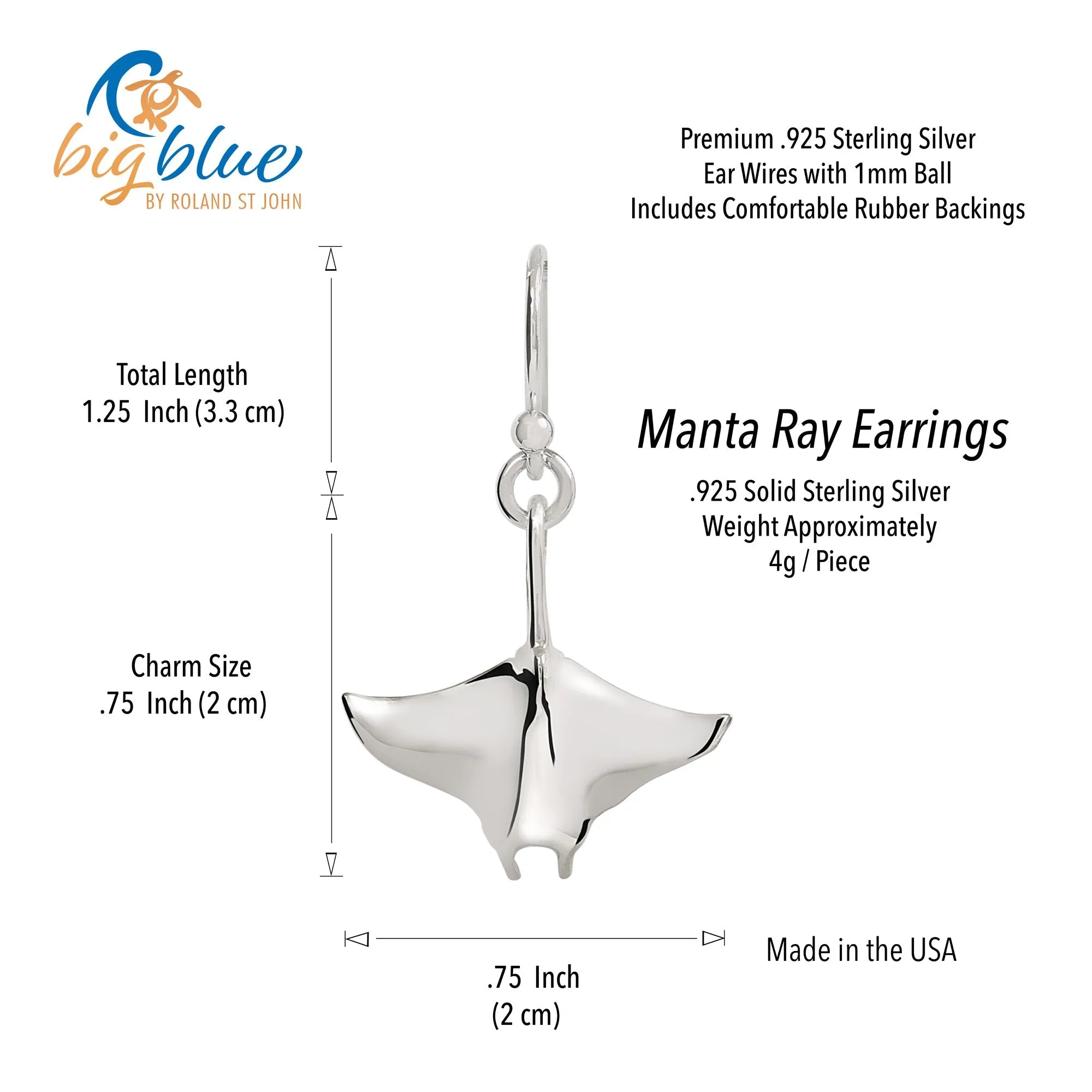 Stingray Earrings Sterling Silver- Manta Ray Sterling Silver Drop Earrings, Manta Ray Earrings, Stingray Charm, Sea Life Sterling Silver Drop Earrings