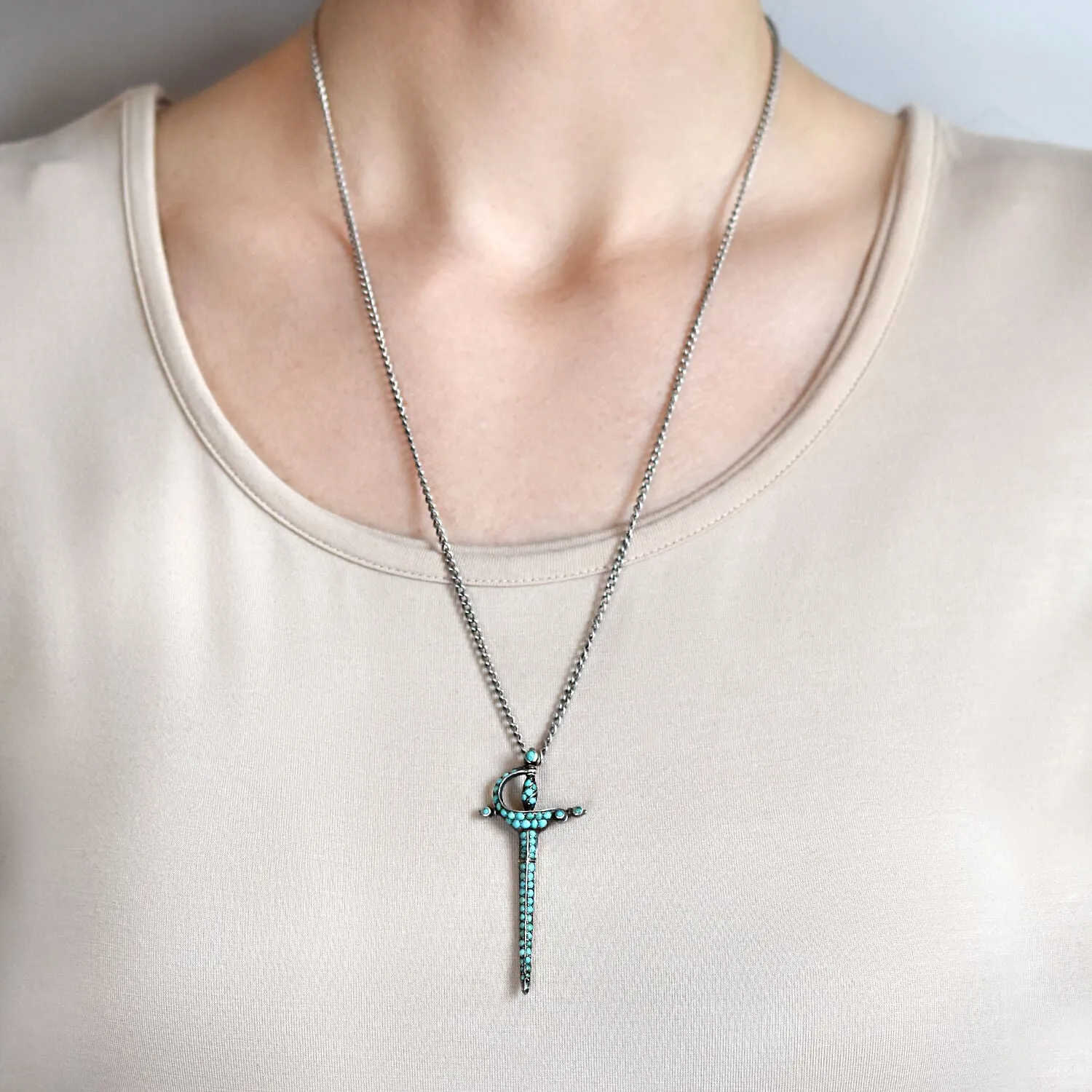 Victorian Sterling Pavé Turquoise Rapier Sword Conversion Pendant Necklace