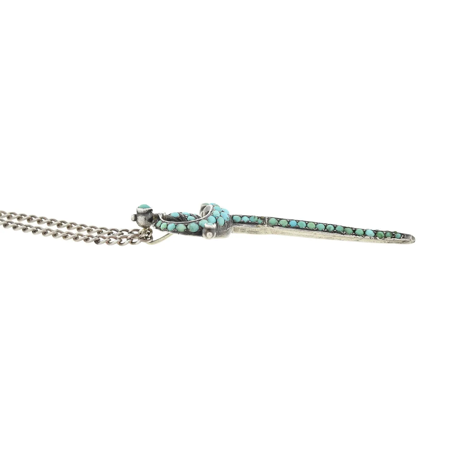 Victorian Sterling Pavé Turquoise Rapier Sword Conversion Pendant Necklace