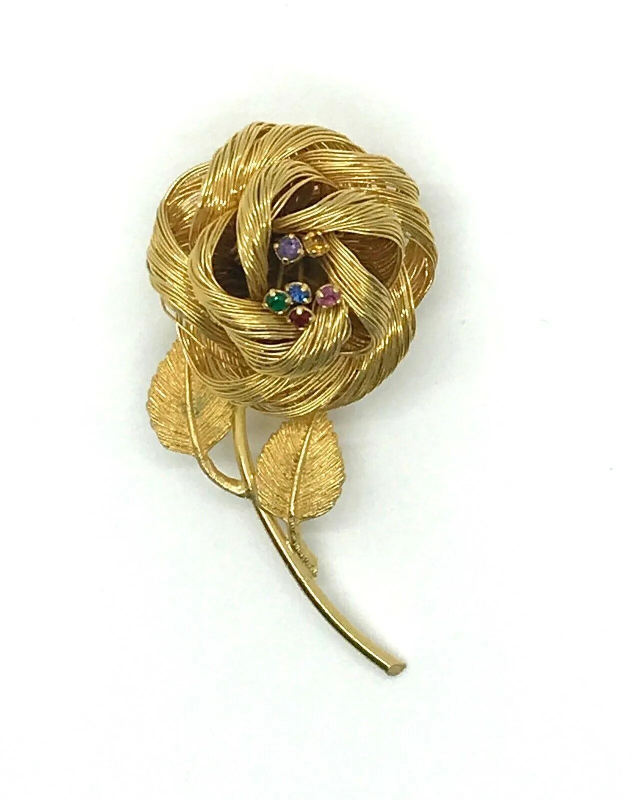 Vintage Gold Wire Rose Trembler Brooch with Pastel Rhinestones