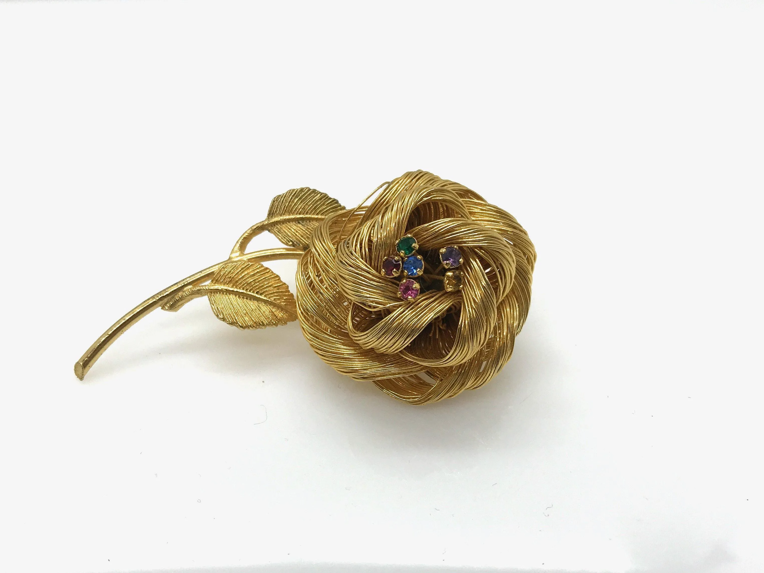 Vintage Gold Wire Rose Trembler Brooch with Pastel Rhinestones