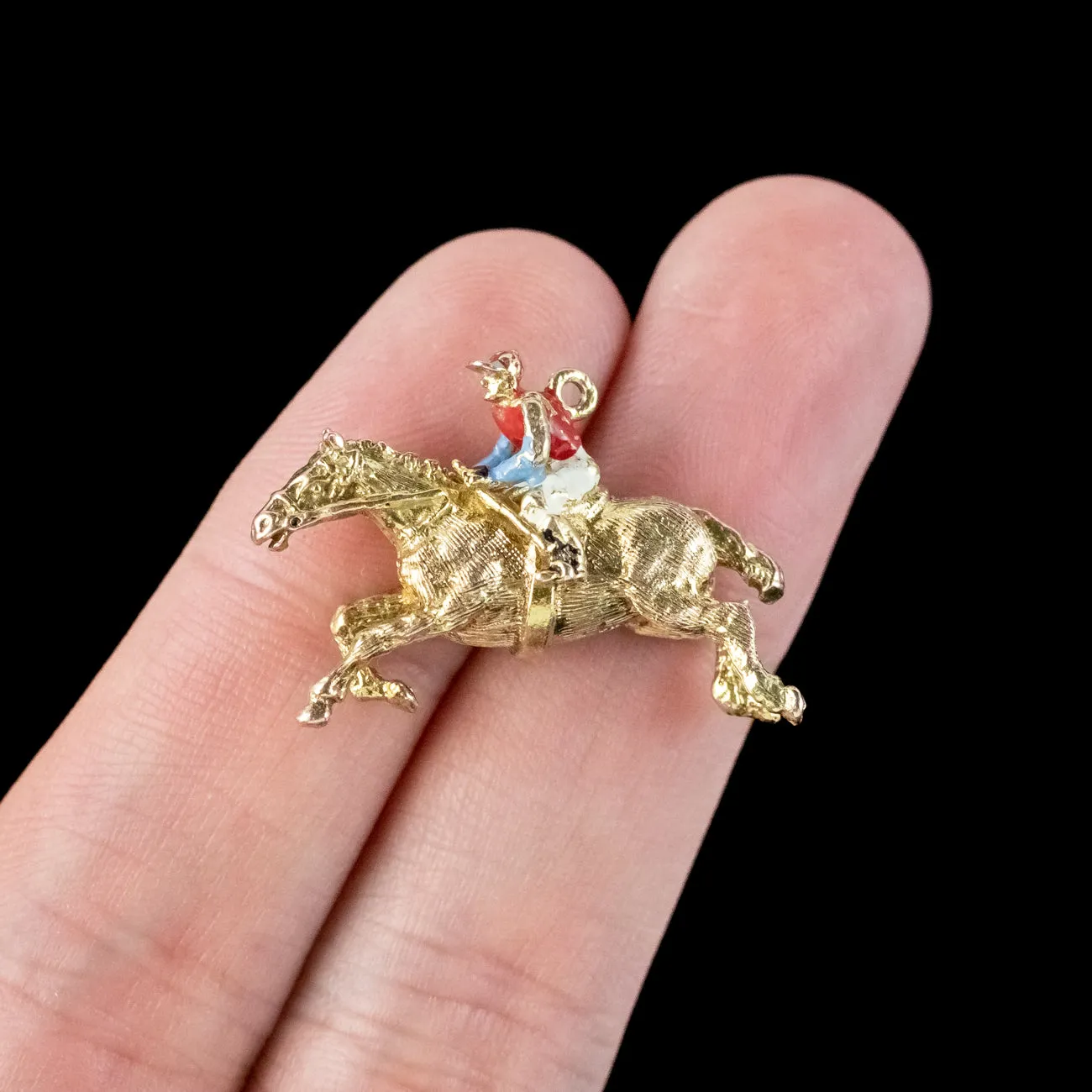 Vintage Racehorse And Jockey Charm Pendant 9ct Gold Enamel Dated 1964