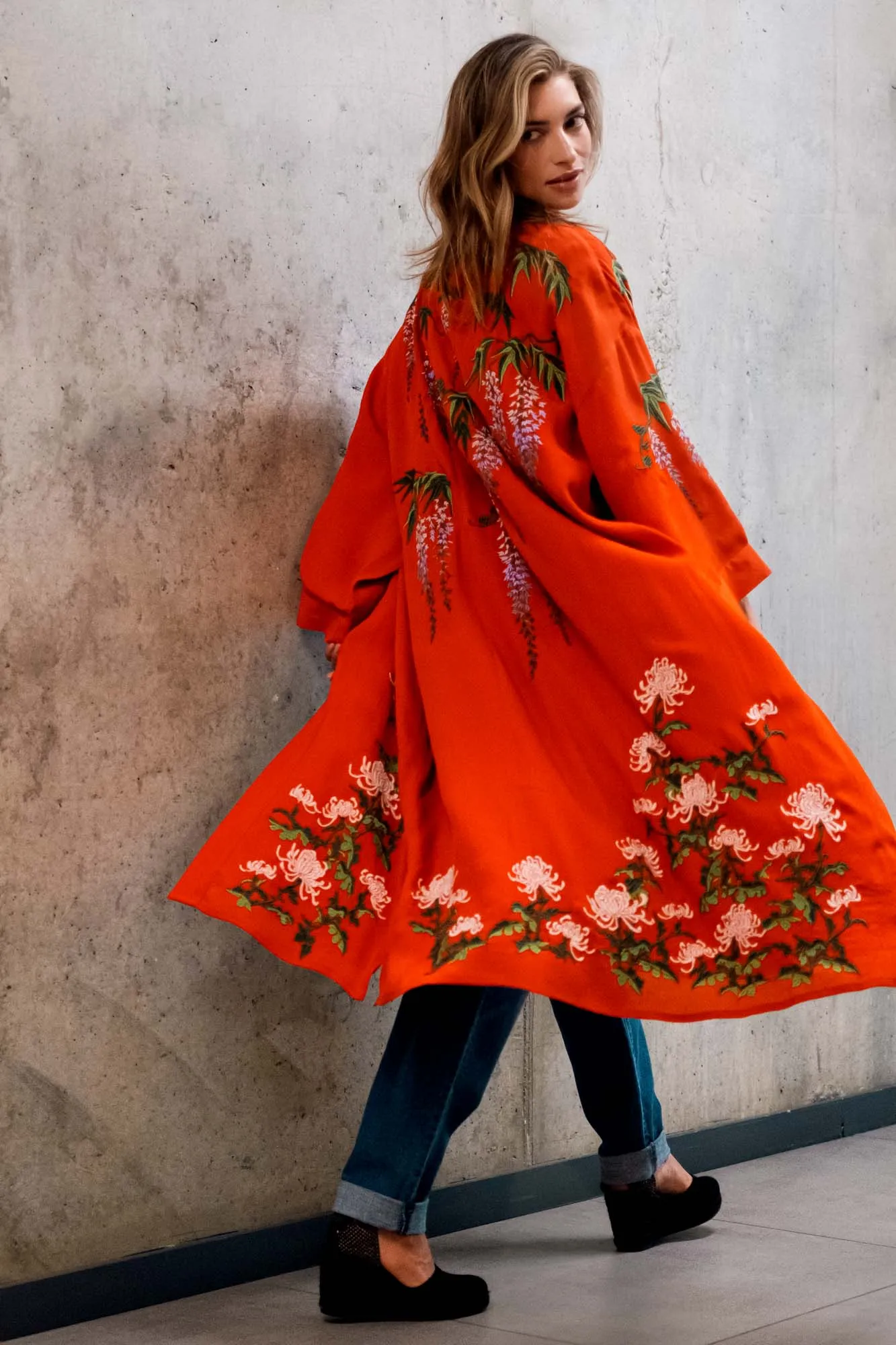 Wisteria & Chrysanthemum Embroidered Terracotta Fully Lined Long Kimono