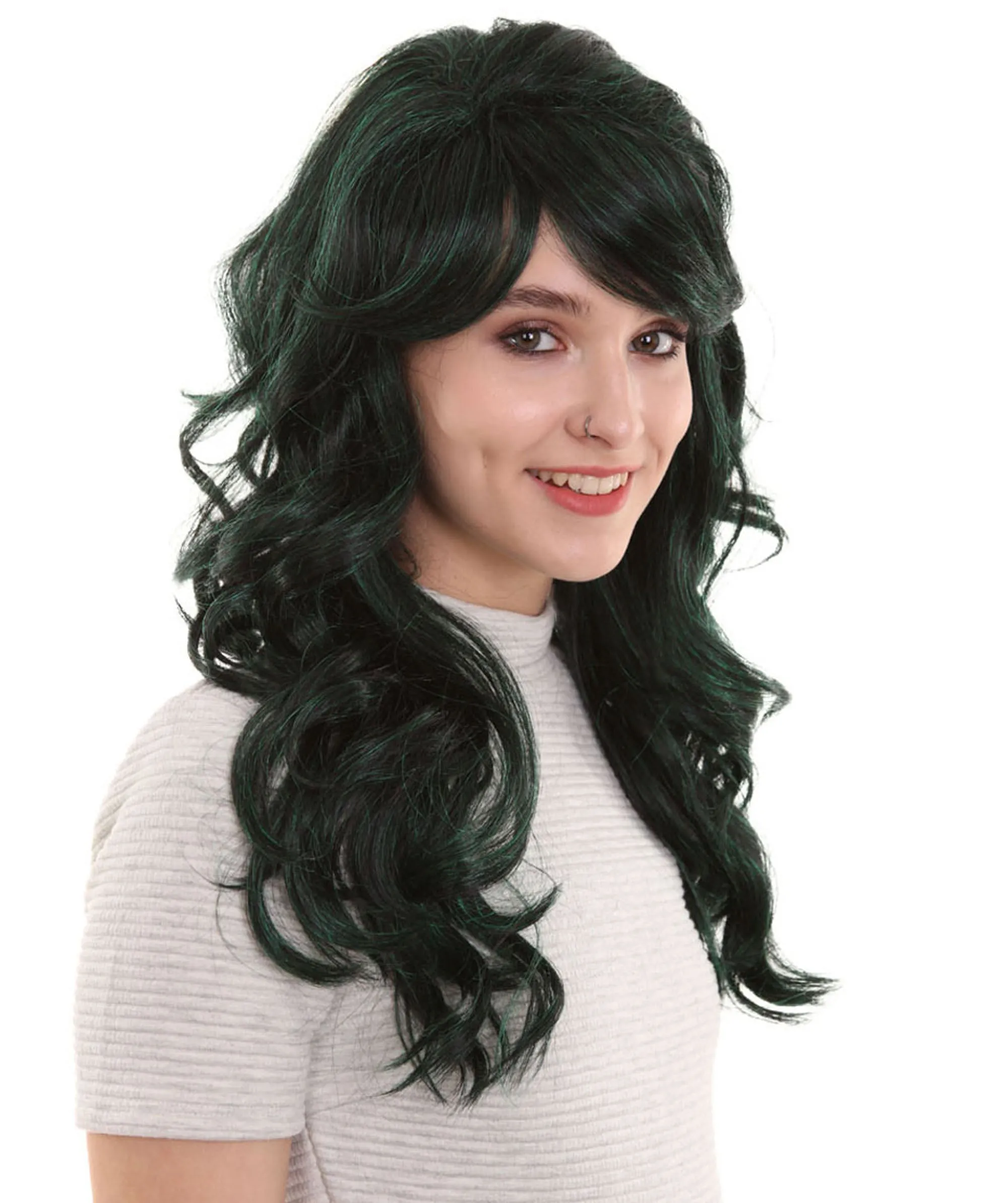 Women's Dark Green Color Curly Long Length Trendy Space Invader Wig