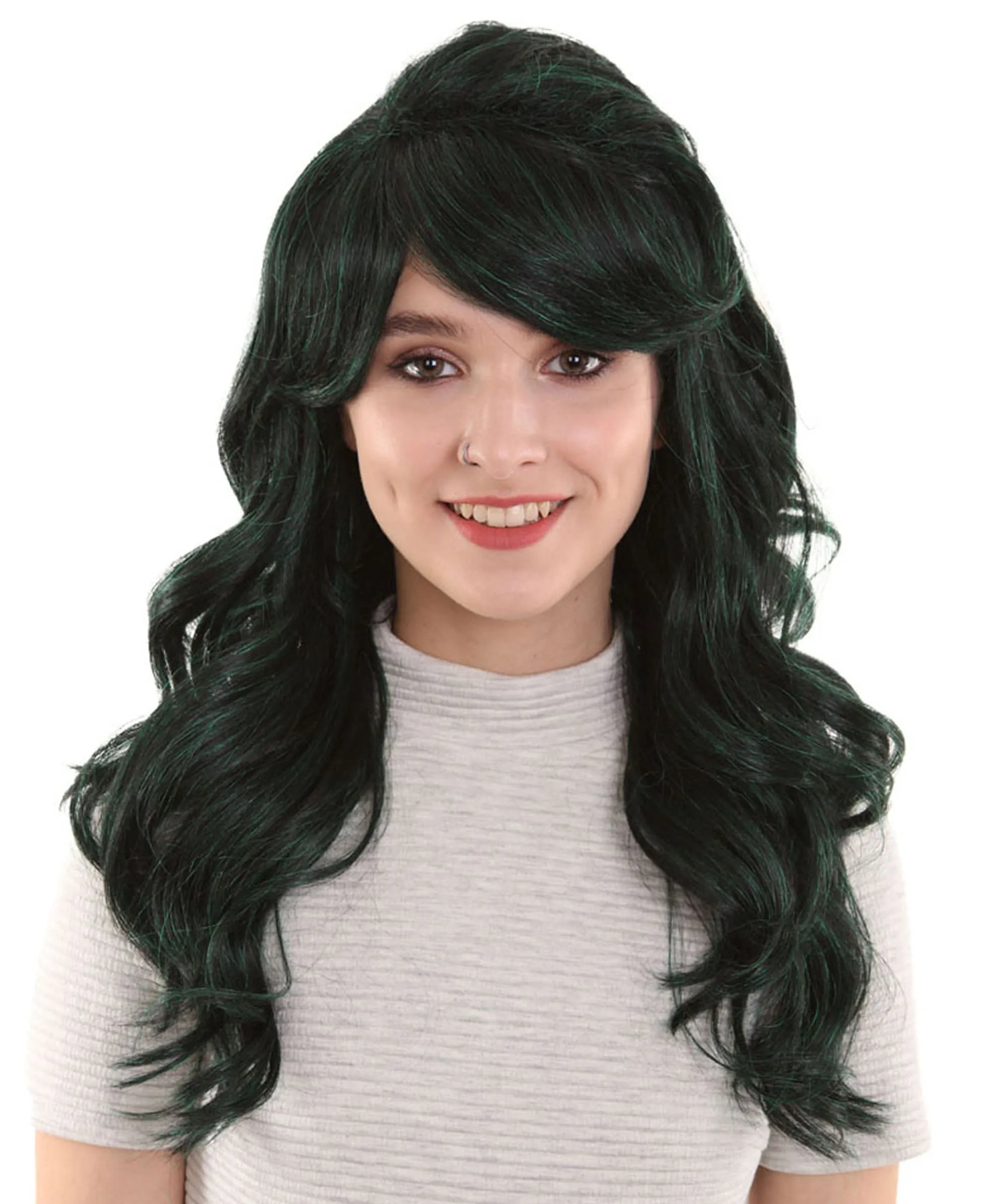 Women's Dark Green Color Curly Long Length Trendy Space Invader Wig